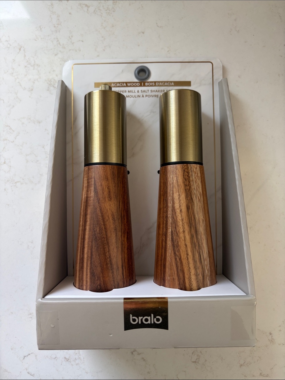 ALO Yoga Acacia Wood Salt & Pepper Mills with Gold Tops